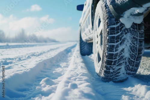 Car on snow road. Closeup of winter tires on snowy highway road © LivroomStudio