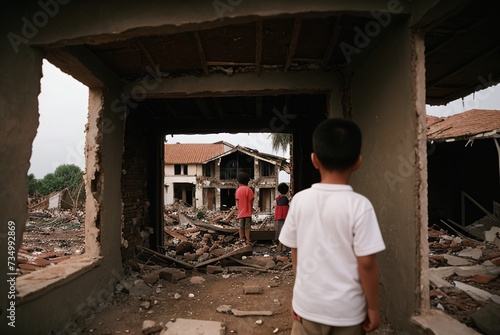 Young children stand with their backs to the camera and look at the destroyed houses and the city after a hurricane, tornado or war. Destroyed cities after the war. A difficult childhood. #734992869