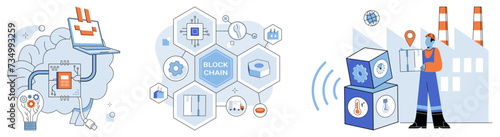 Smart industry vector illustration. The database, treasure trove information, fuels engines automated smart production Computing, wizard cyberspace, conjures magic smart industry innovation