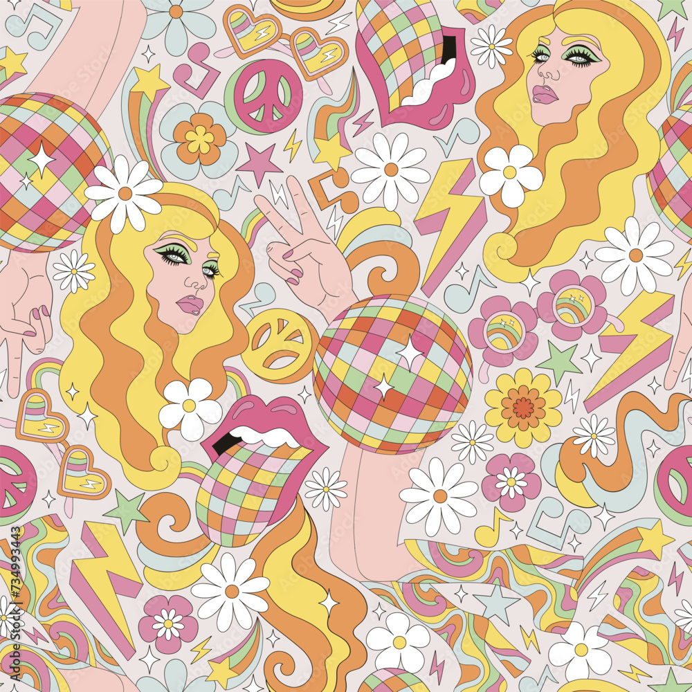 Groovy disco 1970s woman head portrait with long curly hair style female legs in sexy platform shoes vector seamless pattern. Retro hippie 60s 70s 80s party disco ball mouth with tongue out hand Groovy disco 1970s woman head portrait with long curly hair style female legs in sexy platform shoes vector seamless pattern. Retro hippie 60s 70s 80s party disco ball mouth with tongue out hand