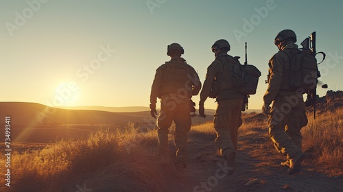 Silhouettes of several infantrymen patrolling the area. Shadows elongate, becoming their allies, as these infantrymen traverse the terrain, ever vigilant, ready to defend without hesitation.