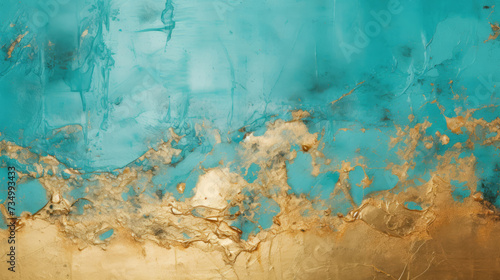 Abstract moden background. Turquoise color wall with gold stains. Modern acrylic art. Grunge textured backdrop in Green blue and golden colour