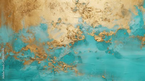 Abstract moden background in turquoise and golden color. Grunge textured backdrop with gold and turquoise stains. Green blue and golden colour background. Modern acrylic art