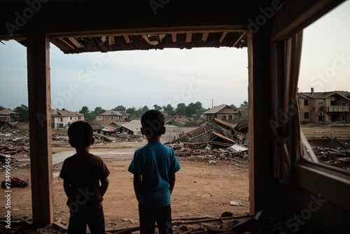 Young children stand with their backs to the camera and look at the destroyed houses and the city after a hurricane, tornado or war. Destroyed cities after the war. A difficult childhood.