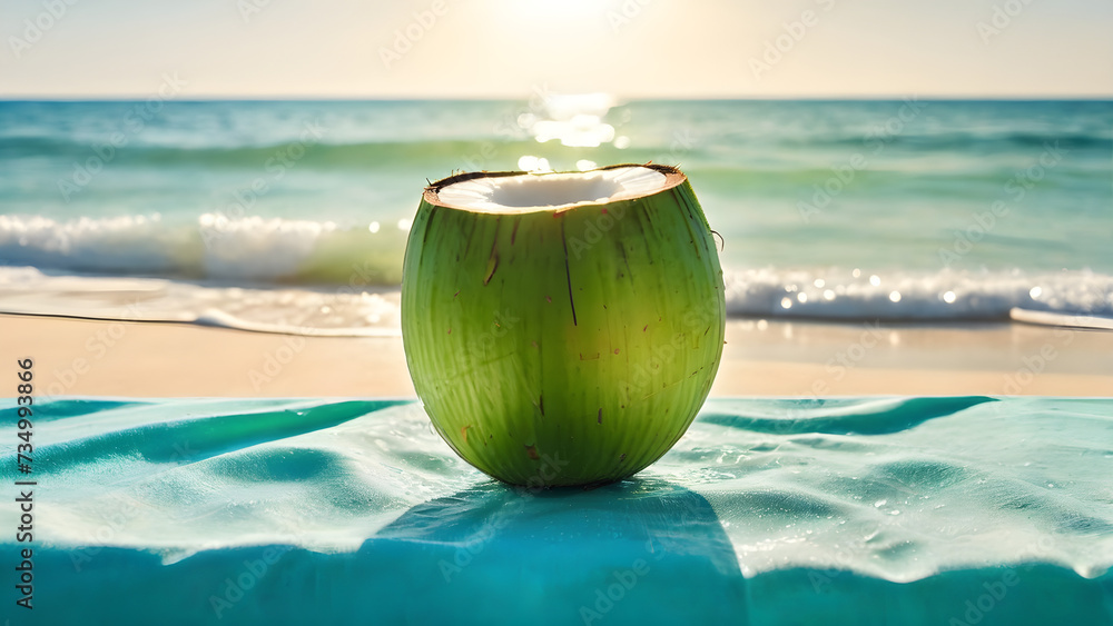 green coconut on the table sunny beach with transparent clear water from above the natural beach back ground. coconut on the palm green coconut on the table sunny beach with transparent clear water from above the natural beach back ground. coconut on the palm