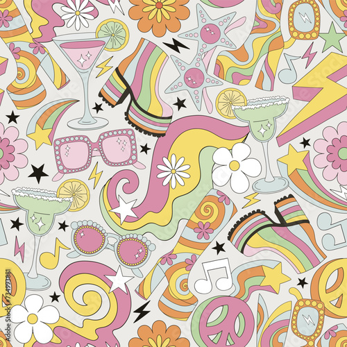 Groovy disco cocktail party accessories retro sunglasses sexy platform shoes vector seamless pattern. 60s 70s 80s retro discotheque background.