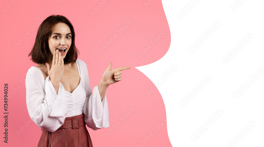 Glad brunette woman pointing finger at free space bubble, collage Glad brunette woman pointing finger at free space bubble, collage