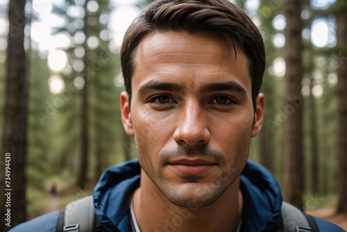 A close-up portrait of a young male traveler with a backpack on a trail in the forest. 