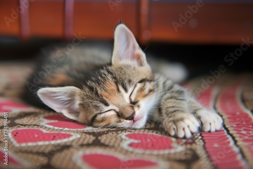 kneading kitten with sleepy eyes on a heartpatterned mat © primopiano