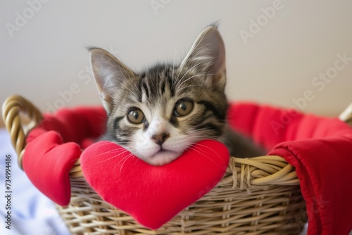 kitten in a basket, heartshaped cushion beneath head © primopiano