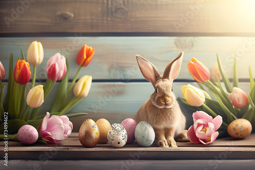 easter card, easter bunny with eggs, easter eggs and flowers, easter eggs in a basket, easter eggs and flowers on a white background, easter wall paper and background for social media  © fadi