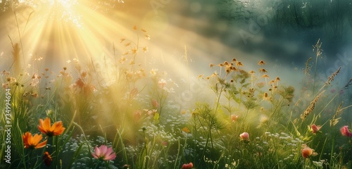 Golden rays of sunlight pierce through the misty morning air, casting a warm glow over a meadow filled with wildflowers and dew-kissed grass, heralding the arrival of a new day.