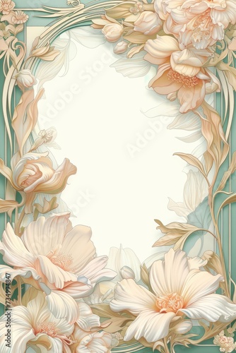 Generative AI, Colorful floral frame in the style of art nouveau style, beautiful flowers, 1900s vintage

 photo
