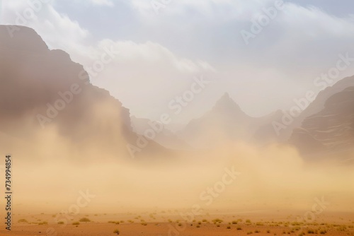 sandstorm obscuring a once clear view of desert mountains