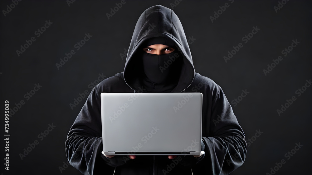 hooded man with his face covered with a laptop on dark backgrou hooded man with his face covered with a laptop on dark backgrou