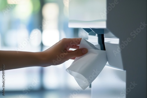 person pulling a paper towel from a dispenser, dispenser visible
