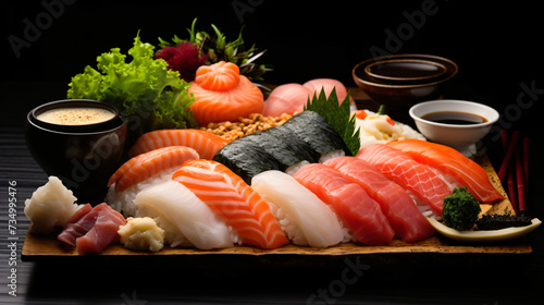 Traditional Japanese food: sushi, rice, and seafood.