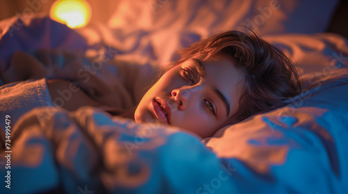 Human sleeping and waking up in bed, daily tasks image, image generated by AI