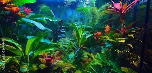 HD capture showcases tropical plants bathed in vibrant green and blue fluorescent light, creating an enchanting scene.