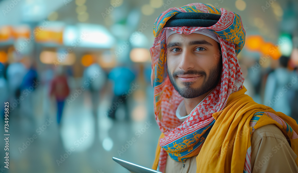 Smiling young man with digital tablet in hand, successful Arab businessman using tablet computer while waiting for flight to board screening areaaimage created by ai
