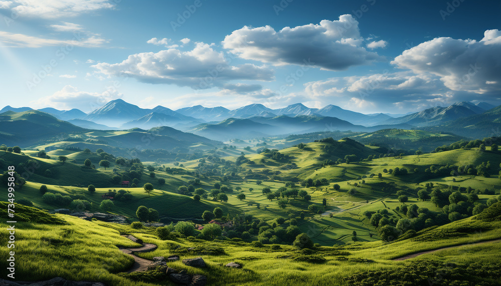 Obraz premium Tranquil meadow, green mountains, sunset nature breathtaking beauty generated by AI