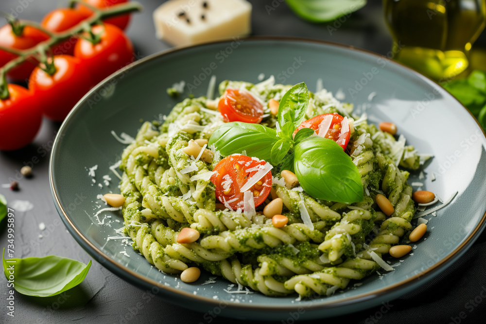 Pesto Pasta with Cherry Tomatoes and Pine Nuts