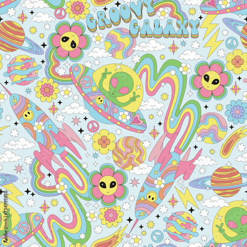 Groovy galaxy retro sci-fi green man alien in ufo flying saucer retro rocket starship flower with alien face vector seamless pattern. Hippie flower power 60s 70s 80s outer space universe celestial