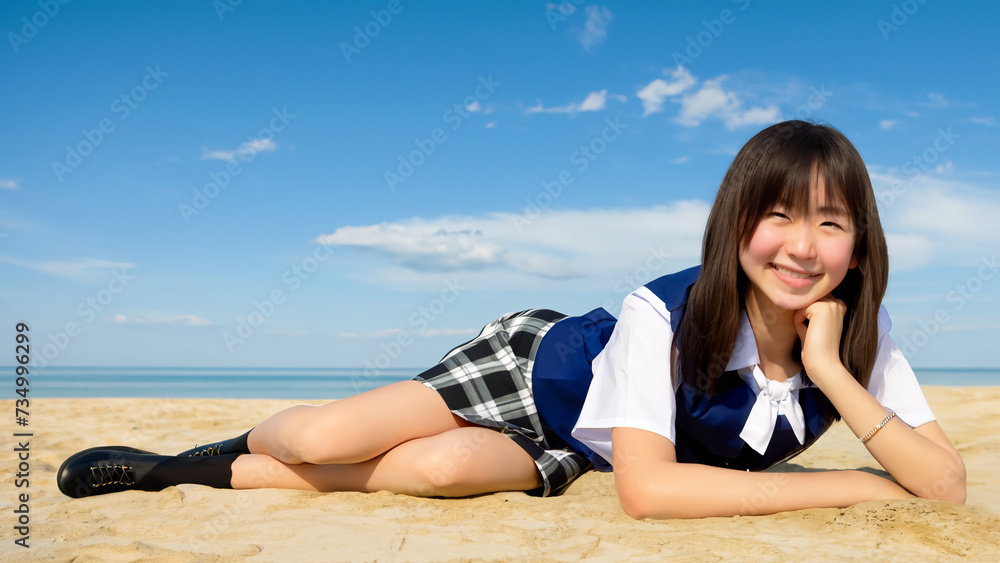 砂浜でくつろぐ女子高生