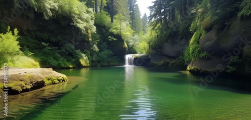 Lush greenery surrounds the pristine pool formed by the majestic Punch Bowl Falls in Oregon.