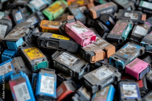 pile of used ink cartridges ready for recycling photo