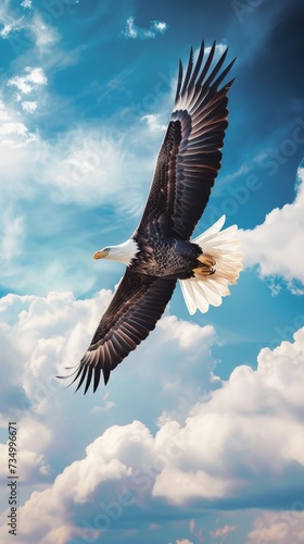 Powerful Bald Eagle Soaring in Blue Sky AI Generated.