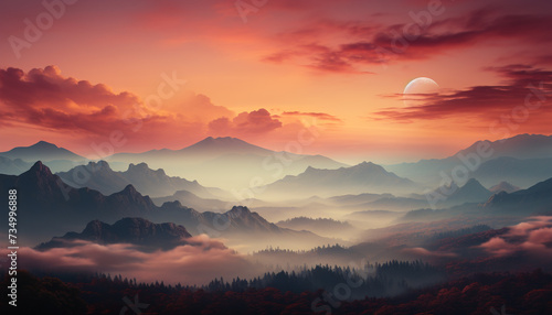 Majestic mountain peak silhouettes in tranquil autumn sunset generated by AI