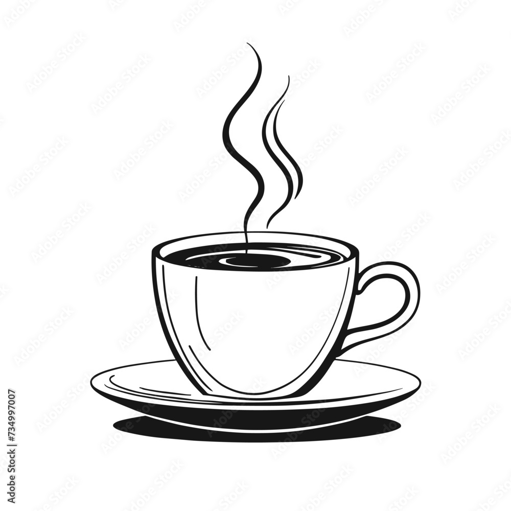 Black and white illustration of a steaming cup of coffee on a simple saucer, exuding warmth and inviting relaxation. Black and white illustration of a steaming cup of coffee on a simple saucer, exuding warmth and inviting relaxation.