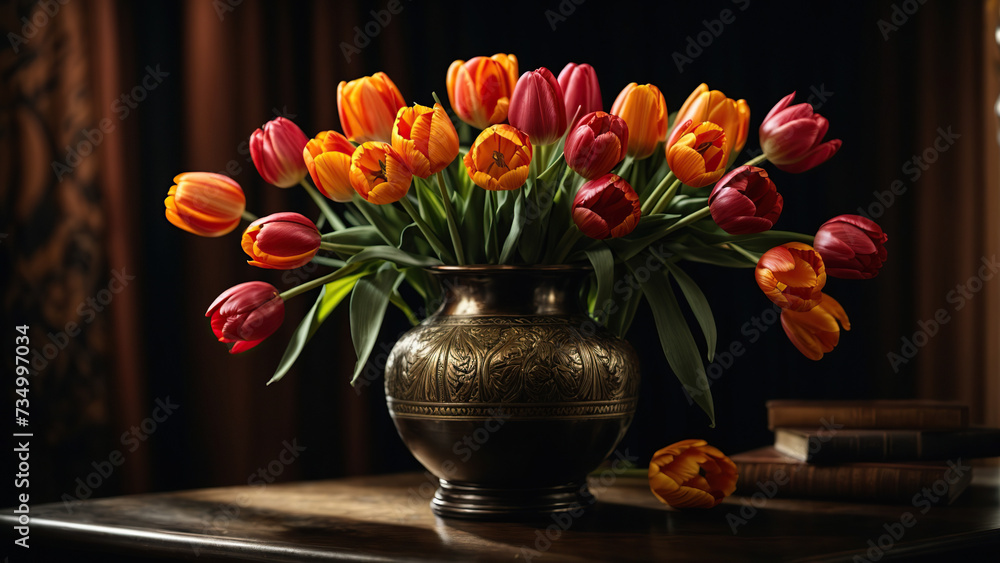 Bouquet of tulips in an antique vase on a dark background Bouquet of tulips in an antique vase on a dark background