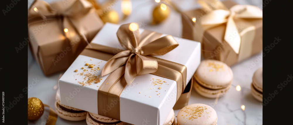 Luxury holidays background with gift boxes, beige macarons, sweets delicious, desserts, golden decoration. Pastry food mockup. flat lay. Generative ai Luxury holidays background with gift boxes, beige macarons, sweets delicious, desserts, golden decoration. Pastry food mockup. flat lay. Generative ai