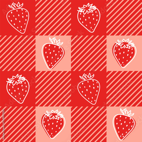Strawberries gingham plaid, tartan fabric texture, vector seamless pattern. Checkered repeat pattern textile design.