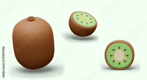 3D whole kiwi and half. Fruit with brown skin and green core, black seeds