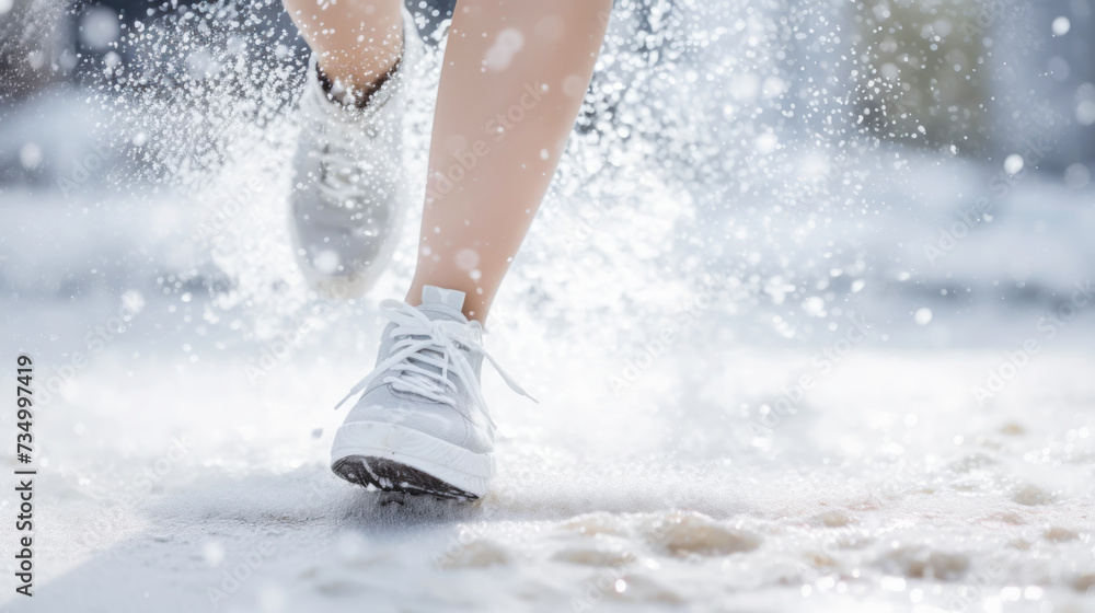 Close-up of female legs in sneakers running and kicking snow. Snowy weather concept. Light colour palette. Generative AI