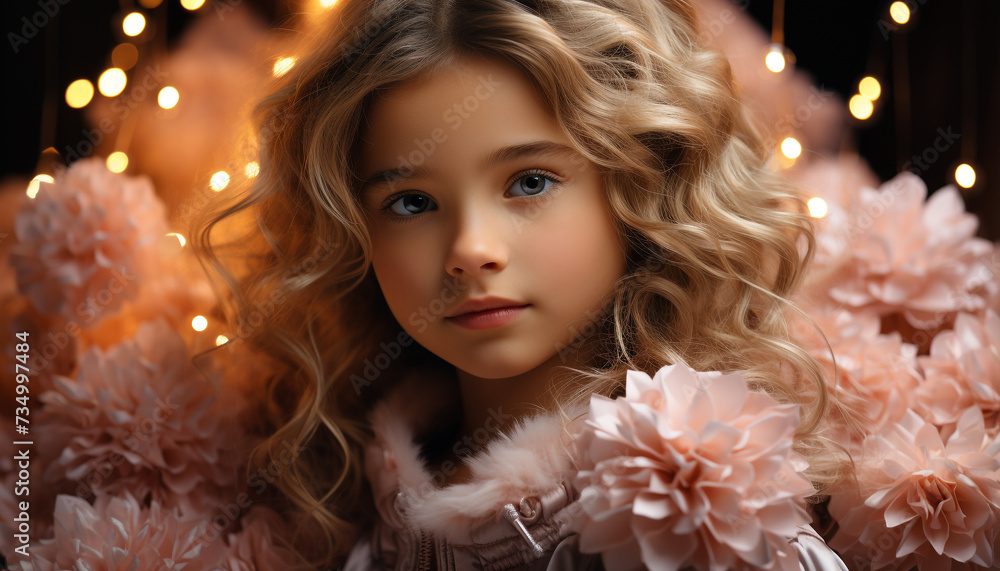 Smiling girl, curly hair, looking at camera, Christmas celebration generated by AI Smiling girl, curly hair, looking at camera, Christmas celebration generated by AI