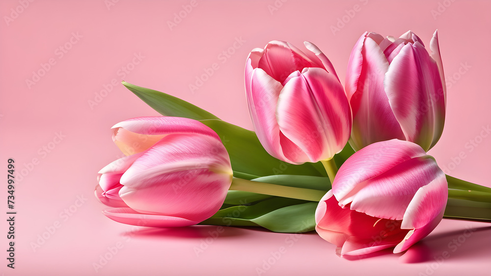pink tulip flowers on the side of a pastel pink background with copy space. bouquet of tulips