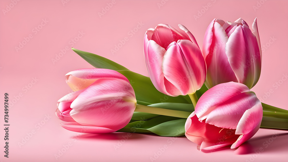 pink tulip flowers on the side of a pastel pink background with copy space. bouquet of tulips pink tulip flowers on the side of a pastel pink background with copy space. bouquet of tulips