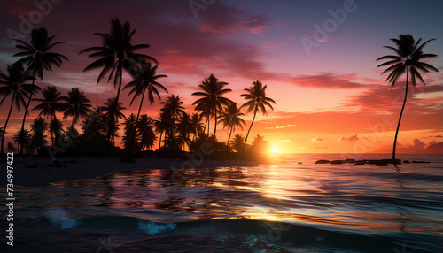 Tropical sunset  palm tree silhouette  tranquil water reflection generated by AI