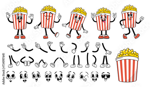 Cartoon Retro Pop Corn Groovy Character Construction Kit. Fast Food Personage Poses, Facial Expressions, Hands, Legs