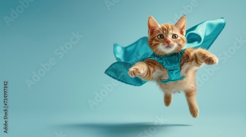 superhero cat, Cute orange tabby kitty with a blue cloak and mask jumping and flying on light blue background with copy space