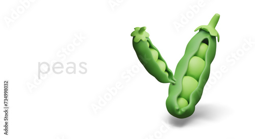 Open green pea pods. Advertising of fresh legumes. Appetizing sweet peas
