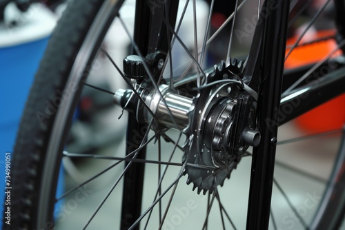 close shot of wheel truing in bike repair stand photo