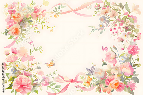 Cute cartoon bow ribbon and flower frame border on background in watercolor style. © Pacharee