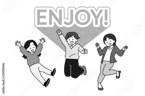 飛んで喜ぶ人々のシンプルイラスト