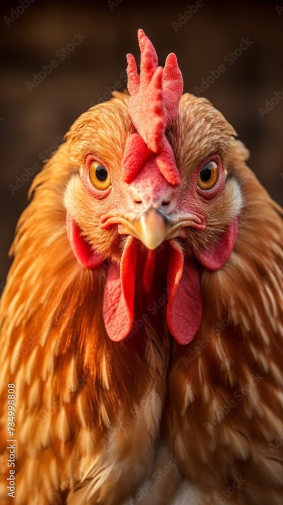 Close-up portrait of a beautiful red chicken in a poultry farm.