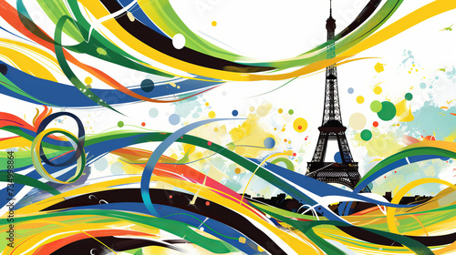View of the Eiffel tower, Paris France with abstract colorful flowing lines